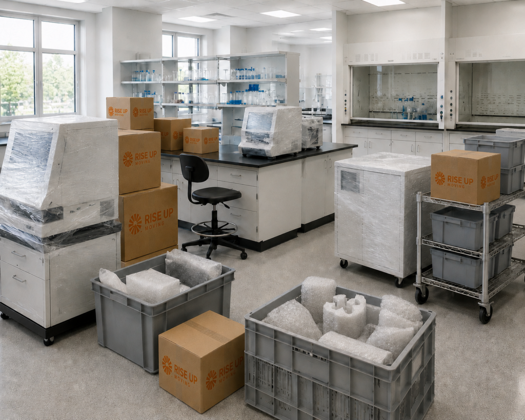 Laboratory with equipment shrink-wrapped and packed in crates for a lab move